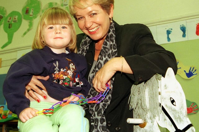 Doncaster Central MP Rosie Winteron is pictured chatting to Lea Gerard, aged three, at the Doncaster College Sun Nursery in 1998