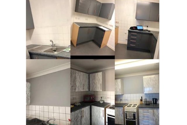 Lucy Malzard, from Fareham, has used lockdown to give her kitchen a touch of chic by kitting it out with grey walls, grout and marble-effect cupboards.