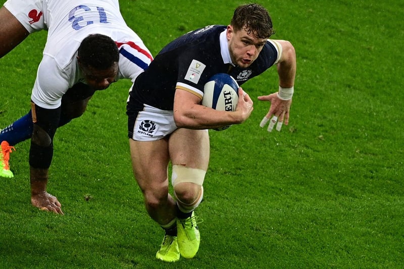 Darcy Graham seeking to evade Virimi Vakatawa during the Six Nations rugby union tournament match between France and Scotland on March 26, 2021, at the Stade de France in Saint-Denis, outside Paris (Photo by Martin Bureau/AFP via Getty Images)
