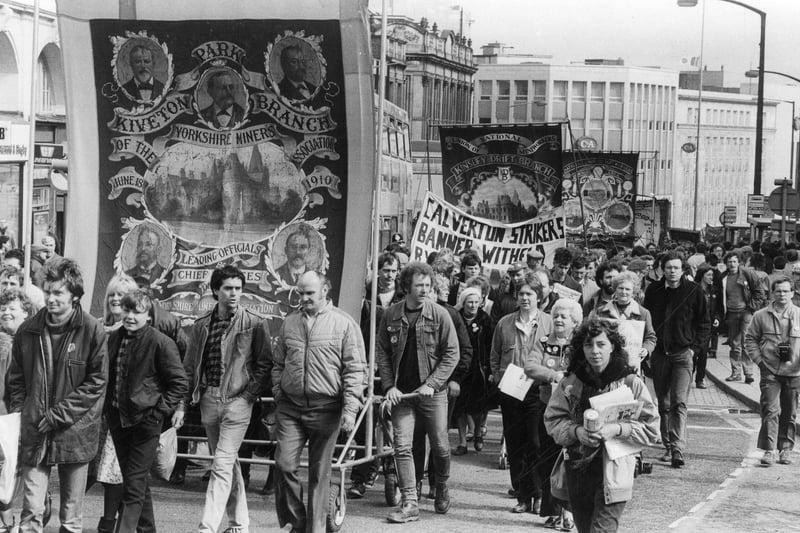 An NUM amnesty march on High Street, Sheffield city centre on March 30, 1985, during the miners' strike. Ref no: s41197