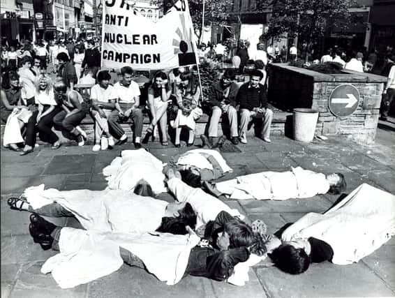 Young protesters in Fargate, Sheffield, in September 1982 as part of the Campaign for Nuclear Disarmament (CND)