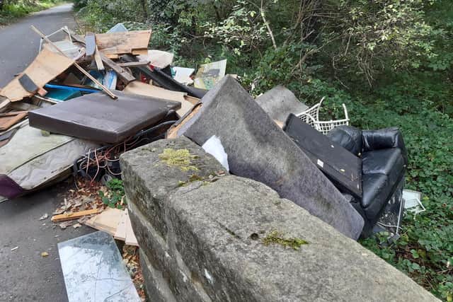 The rubbish fly-tipped on Beeley Wood Lane near Middlewood