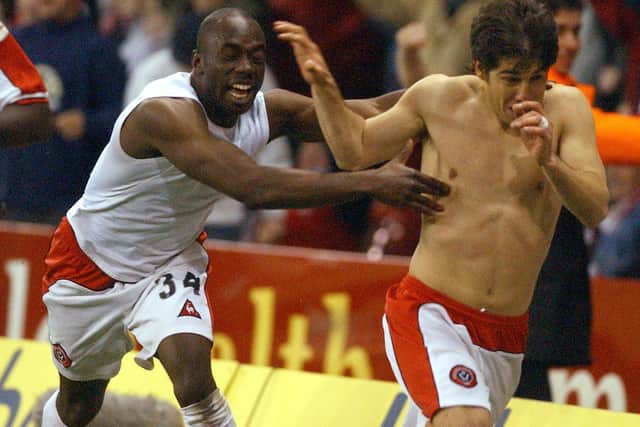 Paul Peschisolido celebrates with Steve Kabba after scoring against Nottingham Forest during the 2003 Championship play-off semi-final