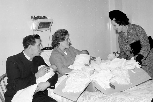 Christmas Day babies receive a visit from Lady Provost Dunbar at Eastern General Hospital in 1962.