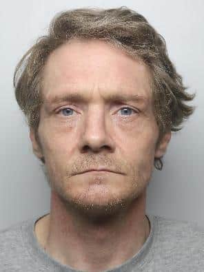 Pictured is Liam Stapleton, aged 44, of no fixed abode, who has been sentenced to 15 months of custody after he admitted causing arson at a South Yorkshire chemist shop.