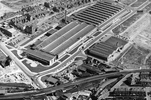 Surrounded by housing and the busy Frederick Street shopping area, the large Plessey Telecomunications factory and the smaller Mary Harris clothing factory are pictured in the new industrial complex at South Shields in 1971.