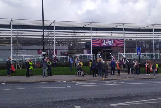 The former B&M workers and community protesting outside B&M store on Chesterfield Road