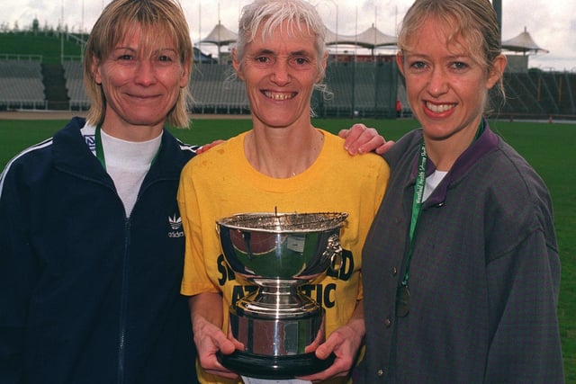 Ladies Half Marathon: L to R Joan Daily from Stockport(2nd) Carol Wolstenholme from Sheffield (winner) and Anne Kirtley from Sheffield (3rd) in 1998