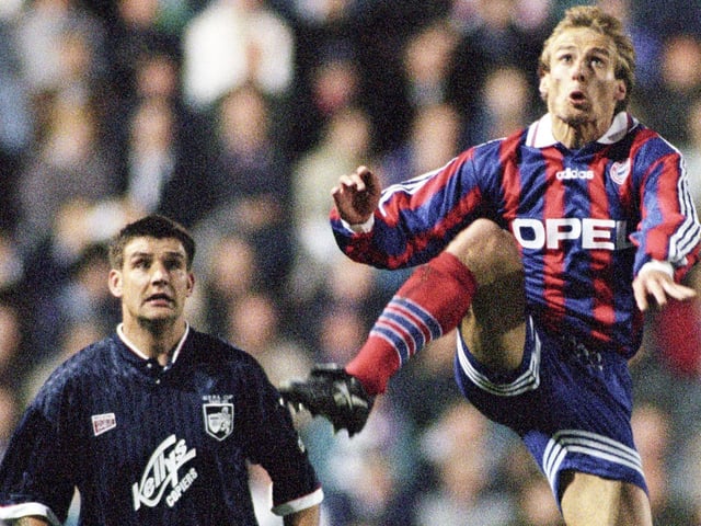 Bayern Munich's Jurgen Klinsmann, right, wins the ball ahead of Raith Rovers' Shaun Dennis in October 1995's UEFA Cup Winners' Cup second round game at Easter Road in Edinburgh. Photo: SNS Group