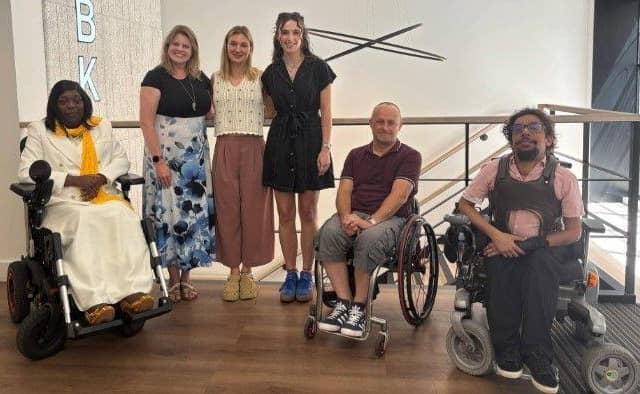 L-R: Competition judge Lady-Marie Dawson-Malcolm from the SIA, BBK Partner Victoria Oliver, winner Lois Moore, runner-up Abbie Willgoose. judges Ian Hosking, Founder of the Stoke Mandeville Maulers Wheelchair Rugby Team and Davey Jose, Ambassador for Stoke Mandeville Spinal Research. Photo: Bolt Burdon Kemp