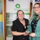 Laura Fieber, who works for Sheffield homeless charity Nomad Opening Doors, receives The Source’s award for Resilience, in memory of tutor Stephanie Scothorn, from Natalie Gorton, Stephanie’s niece
