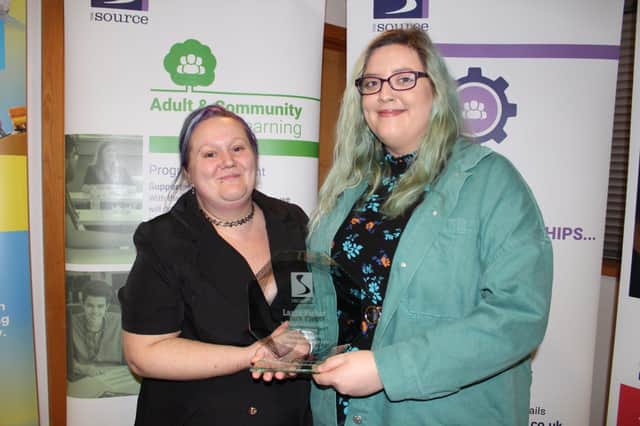 Laura Fieber, who works for Sheffield homeless charity Nomad Opening Doors, receives The Source’s award for Resilience, in memory of tutor Stephanie Scothorn, from Natalie Gorton, Stephanie’s niece
