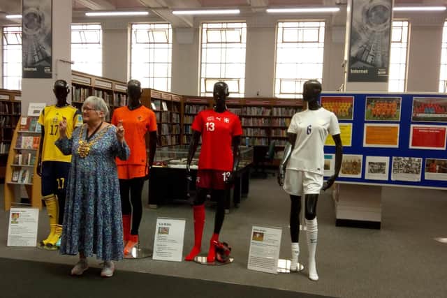 Sheffield Lord Mayor Sioned-Mair Richards launches the Stoppage Time: Sheffield Women's Football Herstory exhibition at Sheffield Central Library. The display ties in with the Women's Euros 2022 finals