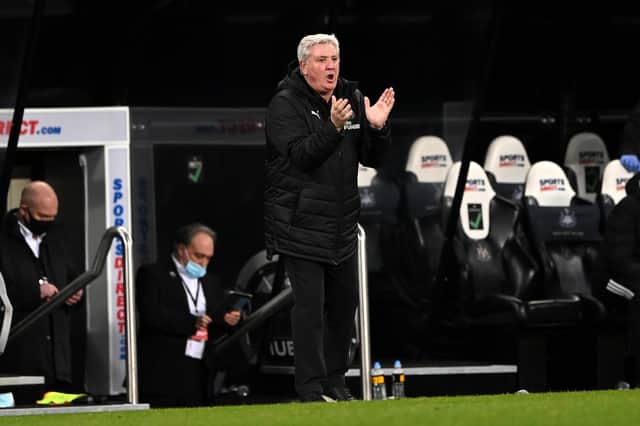 Steve Bruce, manager of Newcastle United encourages his side instructions during the Premier League match between Newcastle United and Wolverhampton Wanderers at St. James Park on February 27, 2021.