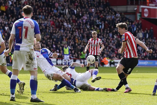 Sander Berge of Sheffield United has a shot on goal blocked : Andrew Yates / Sportimage