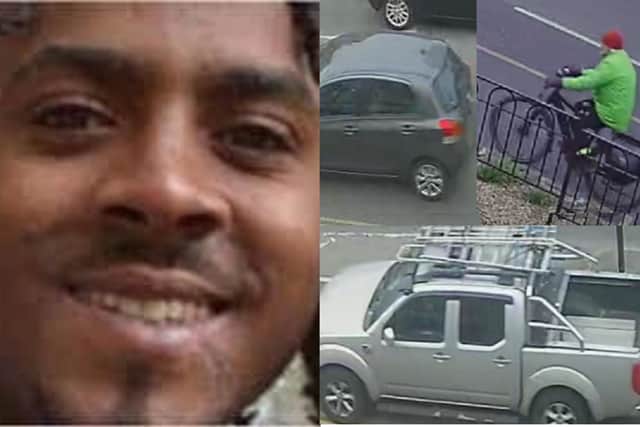 South Yorkshire Police want to trace the cyclist in the green top plus the owners of the two vehicles pictured, as part of the investigation into the murder of Lamar Griffiths