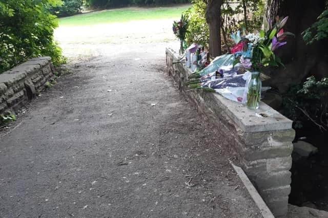Picture shows a shrine set up in Mr Davies' memory on a bridge over the Short Brook, following his tragic death in July 2022