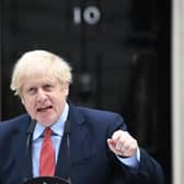 Prime Minister Boris Johnson makes a statement outside 10 Downing Street, London, as he resumes working after spending two weeks recovering from Covid-19. PA Photo: Stefan Rousseau/PA Wire
