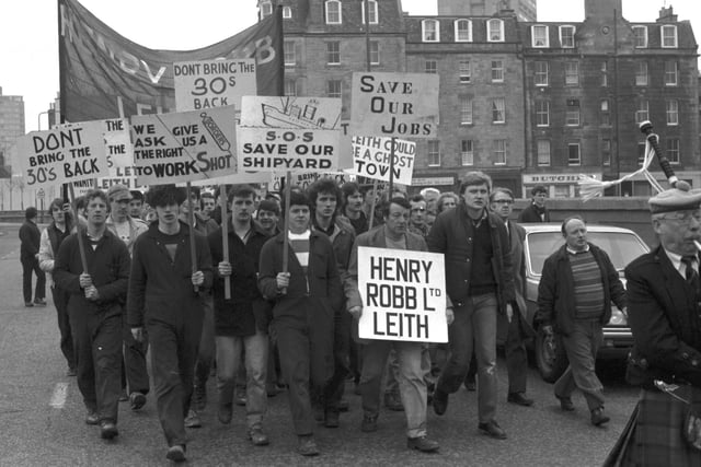 Workers from the Henry Robb shipyard in Leith march to demonstrate against job redundancies in April 1983.