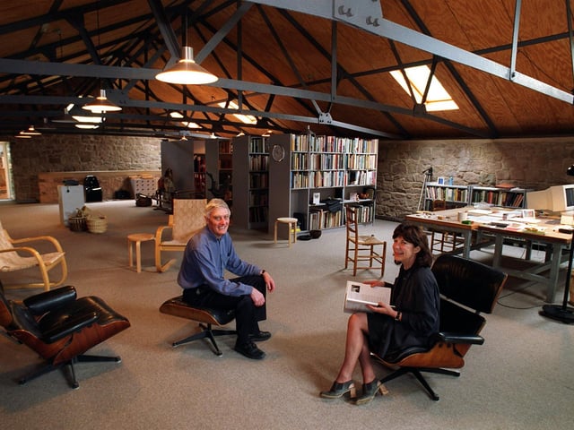 David Mellor CBE was born in Sheffield and was highly regarded for his cutlery and metalwork designs. He also redesigned the national traffic light system in the 1960s. He was taught Silversmithing and Jewellery at Sheffield Polytechnic, leaving in 1951 - he is pictured with his wife Fiona MacCarthy in the library/workroom of their home in Hathersage in the 1990s.