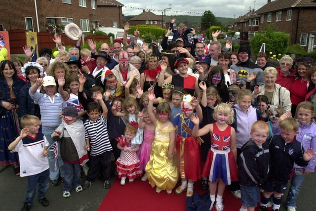 The whole of Godric Drive Brinsworth in fancy dress for the Queen's Golden Jubilee in 2002. They were raising money for the Sheffield Children's Hospital