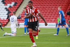 Rhian Brewster celebrates his first goal in Sheffield United colours earlier this month: Simon Bellis / Sportimage