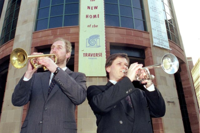 Trumpet players Peter Franks and Shaun Harold fanfare the new premises for the Traverse theatre in Edinburgh, February 1992.