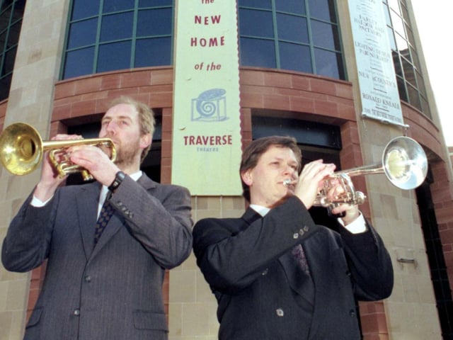 Trumpet players Peter Franks and Shaun Harold fanfare the new premises for the Traverse theatre in Edinburgh, February 1992.