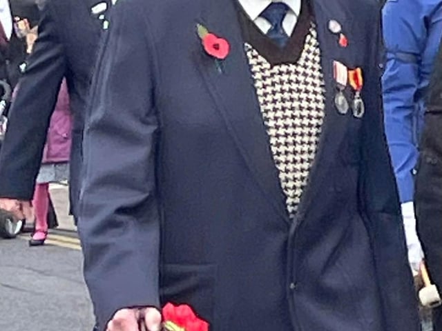 Former Marine Tom, 89, laid a wreath at the memorial in Eastwood.
