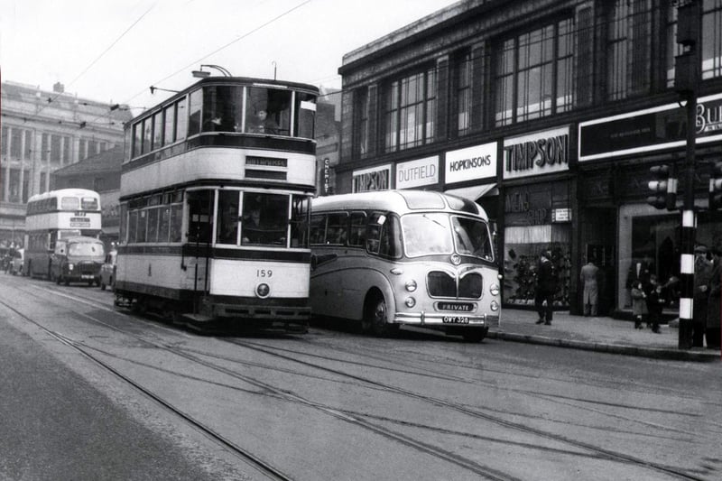 Trams run along Attercliffe Road, Sheffield in the 1950s