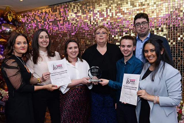 Dr Claire Corkhill, was awarded the Pam Liversidge OBE Award for Engineering. Hannah Smith and James Mansfield, pictured collecting the award on her behalf with Kay Woodburn, of Gritty People and Jill Thomas, of Future Life Wealth Management, along with Ioan-Iulian Vizireanu and Krusha Vekaria, collecting a finalist award on behalf of Hemanshi Galaiya and finalist Elizabeth Cross