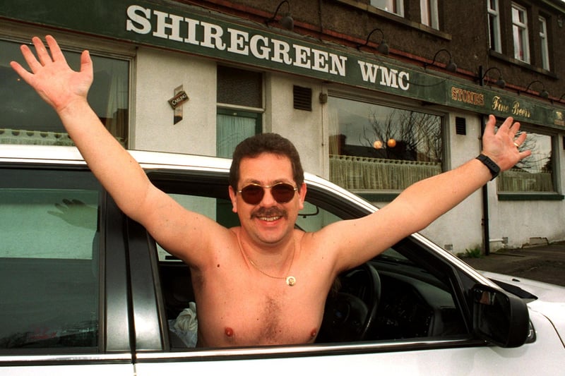 Pictured in 1998 was Mike Harrison of Executive Private Hire,outside Shiregreen WMC which is part of his Full Monty tour of Sheffield