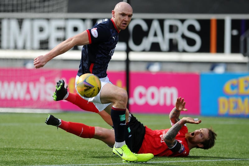 Falkirk's Conor Sammon and Clyde's Scott Rumsby competing for the ball