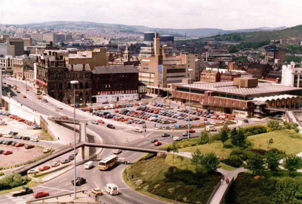 Park Square roundabout showing (left) Commercial Street and Shude Hill and (right) Sheaf Market, 1980s