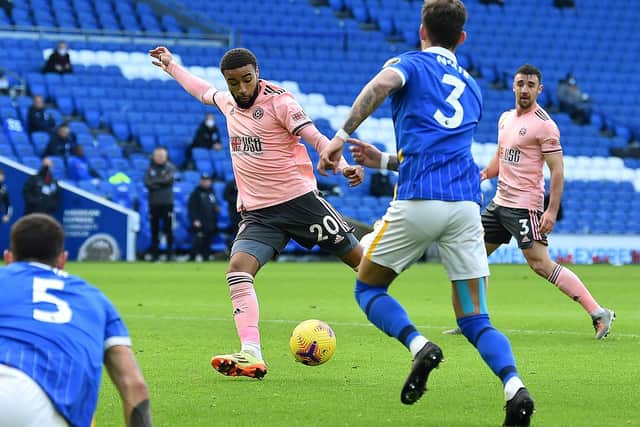 Jayden Bogle scores on his debut during Sheffield United's 1-1 draw at Brighton & Hove Albion.  (Photo by GLYN KIRK/POOL/AFP via Getty Images)