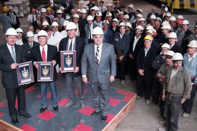 Forgemasters Steels are awarded three Cutlers' Acclaim Awards. Staff are pictured here with Chancellor Norman Lamont on June 15, 1993