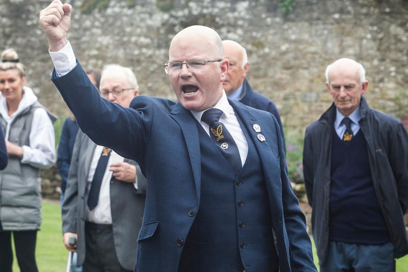 2013/2015 Jethart Herald Allan Learmonth delivers the reprisal at Ferniehirst Castle. (Photo: BILL McBURNIE)