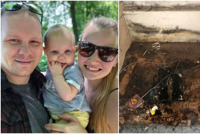 (Left) Darren Stokes with partner Charlie and 15-month-old daughter Eira (Right) The Council house was 'thick with dust and mould' with no gas or electric.