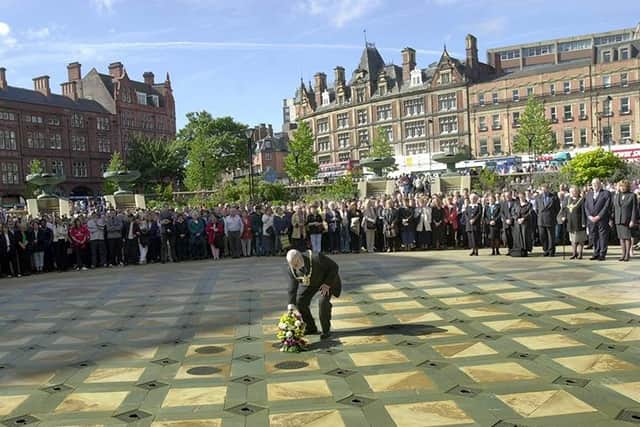 The Lord Mayor of Sheffield Coun David Baker lays a wreath in the Peace Gardens after the 9/11 terrorist attacks in the United States. Photo September 13, 2001