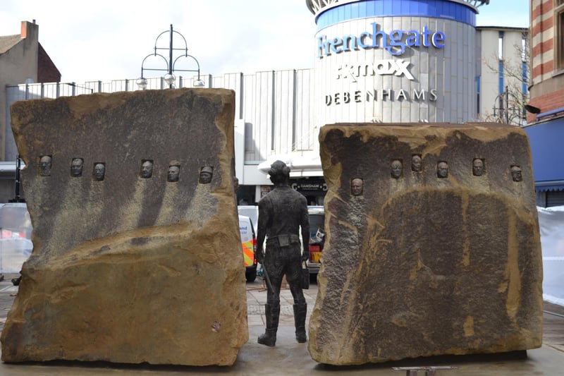 The miners memorial in Doncaster town centre viewed from behind, on Printing Office Street
