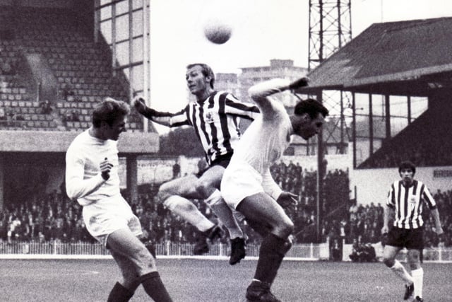 United's John Tudor heads for goal against Bristol City in August 1969.