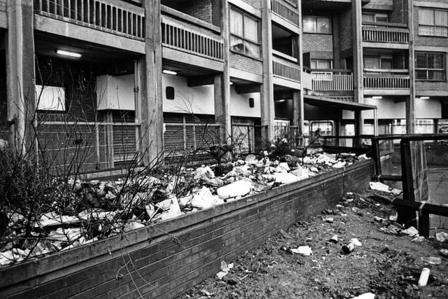 Hyde Park flats in Sheffield covered in rubbish in February 1986.