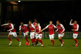 Rotherham United players celebrate after winning during the Papa John's Trophy semi final match on penalties against Hartlepool. Picture: Will Matthews/PA Wire