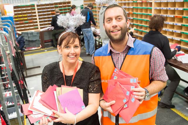 Tracy Holden and Danny Jeffcock at the Royal Mail sorting office in Sheffield, getting ready for the 2015 Christmas rush