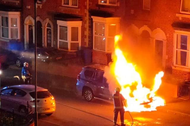 Firefighters battle a car blaze on Fieldhead Road, Sheffield (pic: John Quays)
