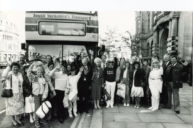 Lifeboat appeal supporters pictured outside the town hall with Coun Peter Horton before setting off to watch the launch of a Tyne Class lifeboat in 1987