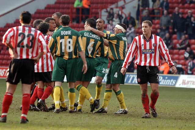 The notorious 'Battle of Bramall Lane' involving United and West Bromwich Albion players in March 2002.