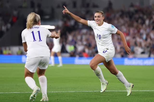 Georgia Stanway of England celebrates after scoring their team's second goal during the UEFA Women's Euro 2022 Quarter Final match between England and Spain at Brighton & Hove Community Stadium on July 20, 2022 in Brighton, England. (Photo by Naomi Baker/Getty Images)