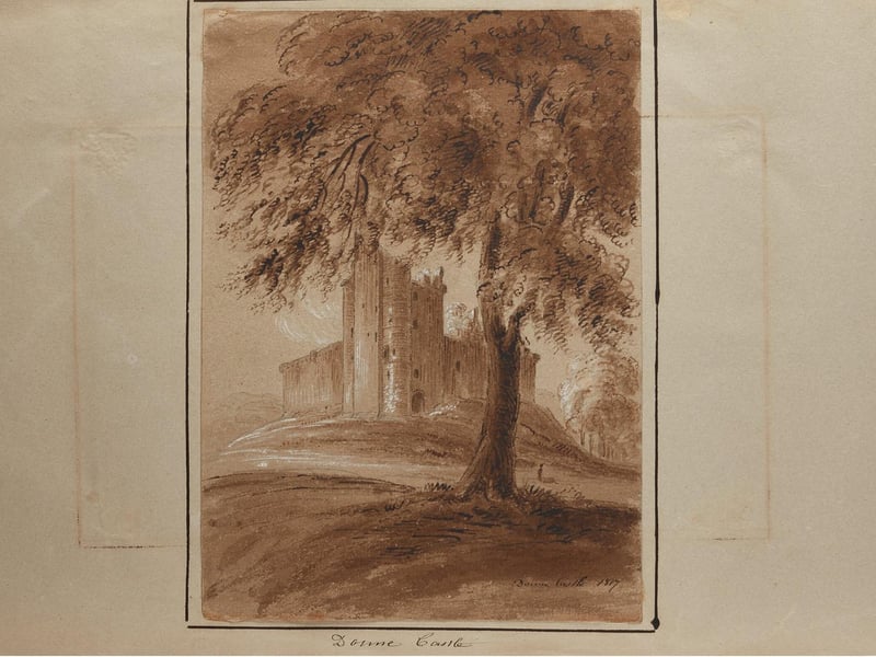 One for Outlander fans: Doune Castle, 1817, an early sketch of the now famous filming location used in Outlander and The Outlaw King. Indeed, in 1814, Sir Walter Scott used Doune Castle in his first novel, Waverley, as the protagonist, Edward Waverley, is brought there by the Jacobites. Scott described the castle as a gloomy yet picturesque structure.
