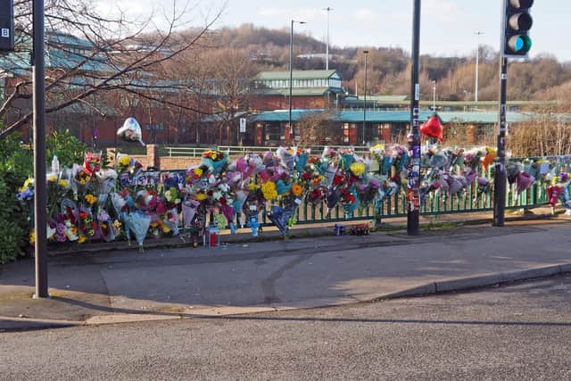 Flowers at crash scene on Meadowhall Way Sheffield.